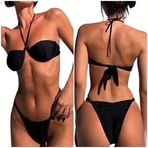 Black Underwire Halter Bandeau Cheeky Bikini Set